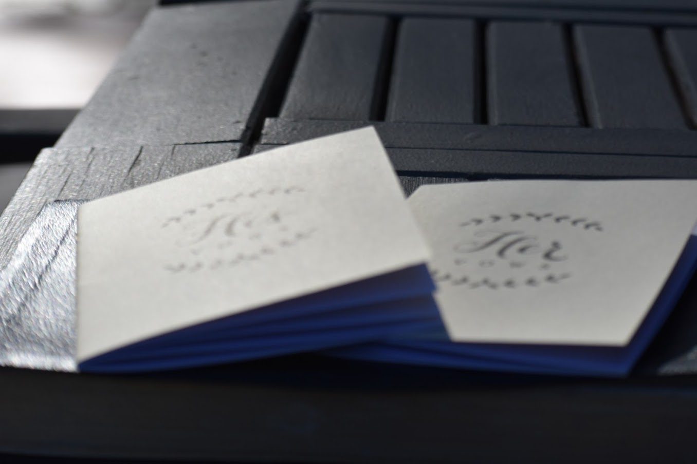 A couple of white cards sitting on top of a table.