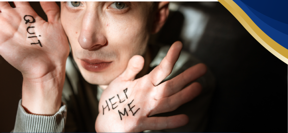 A man with his hand written " help me ".