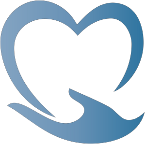 A blue heart with a hand and palm in the shape of a heart.