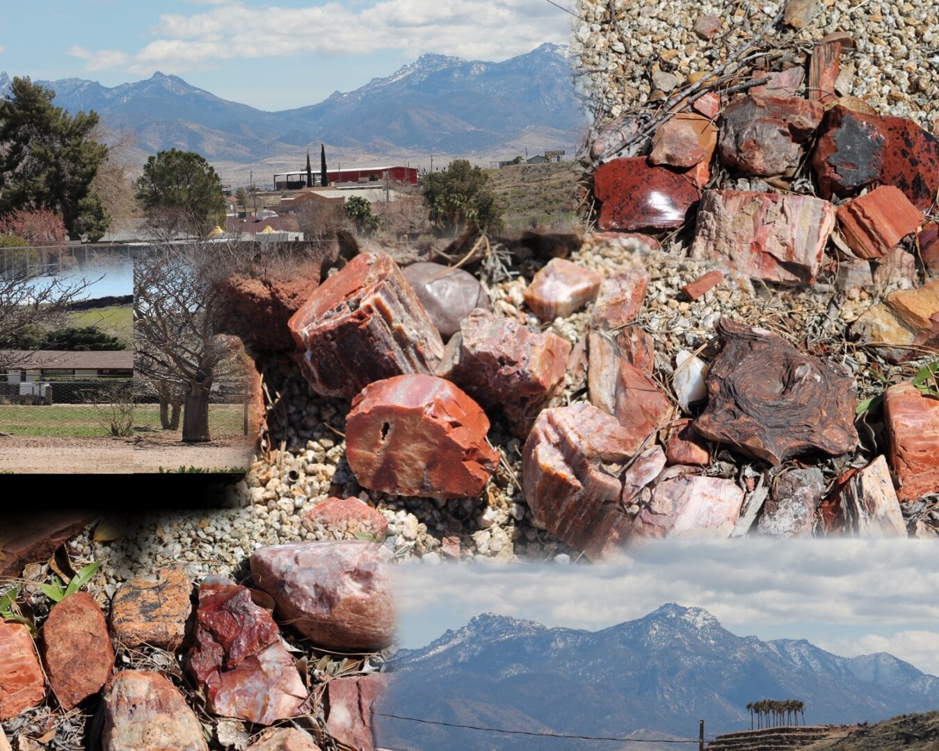 A collage of rocks and mountains with a sky background