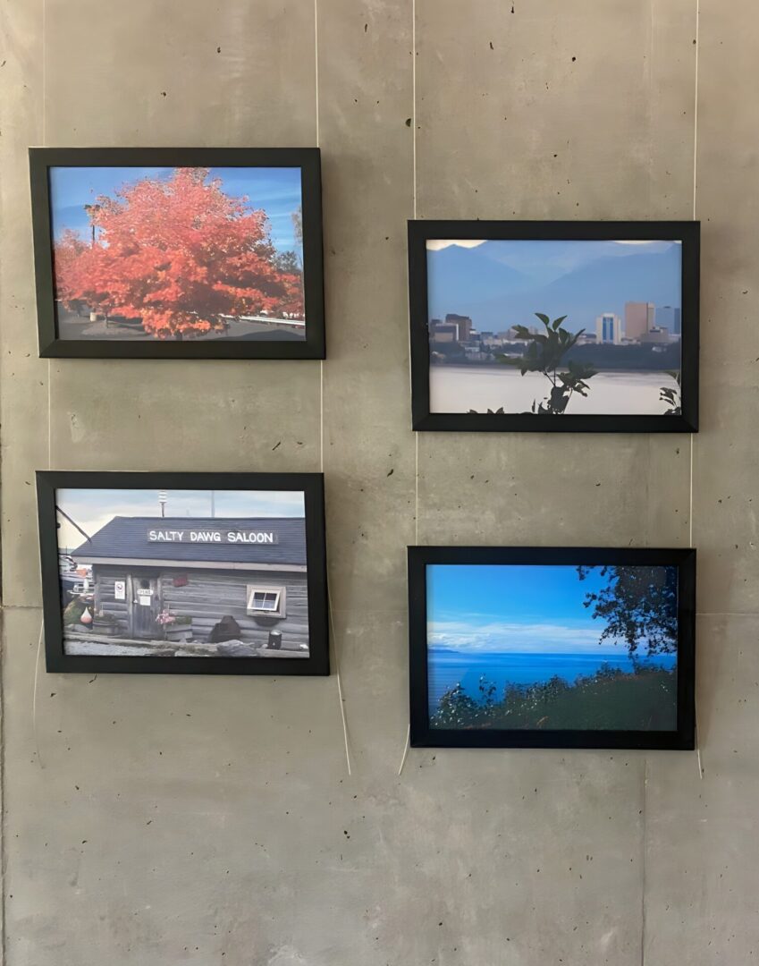 Four framed photographs of different locations on a wall.