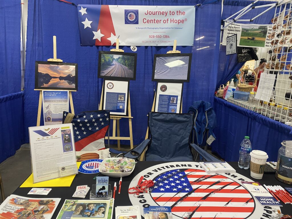 A table with flags and other items on it.